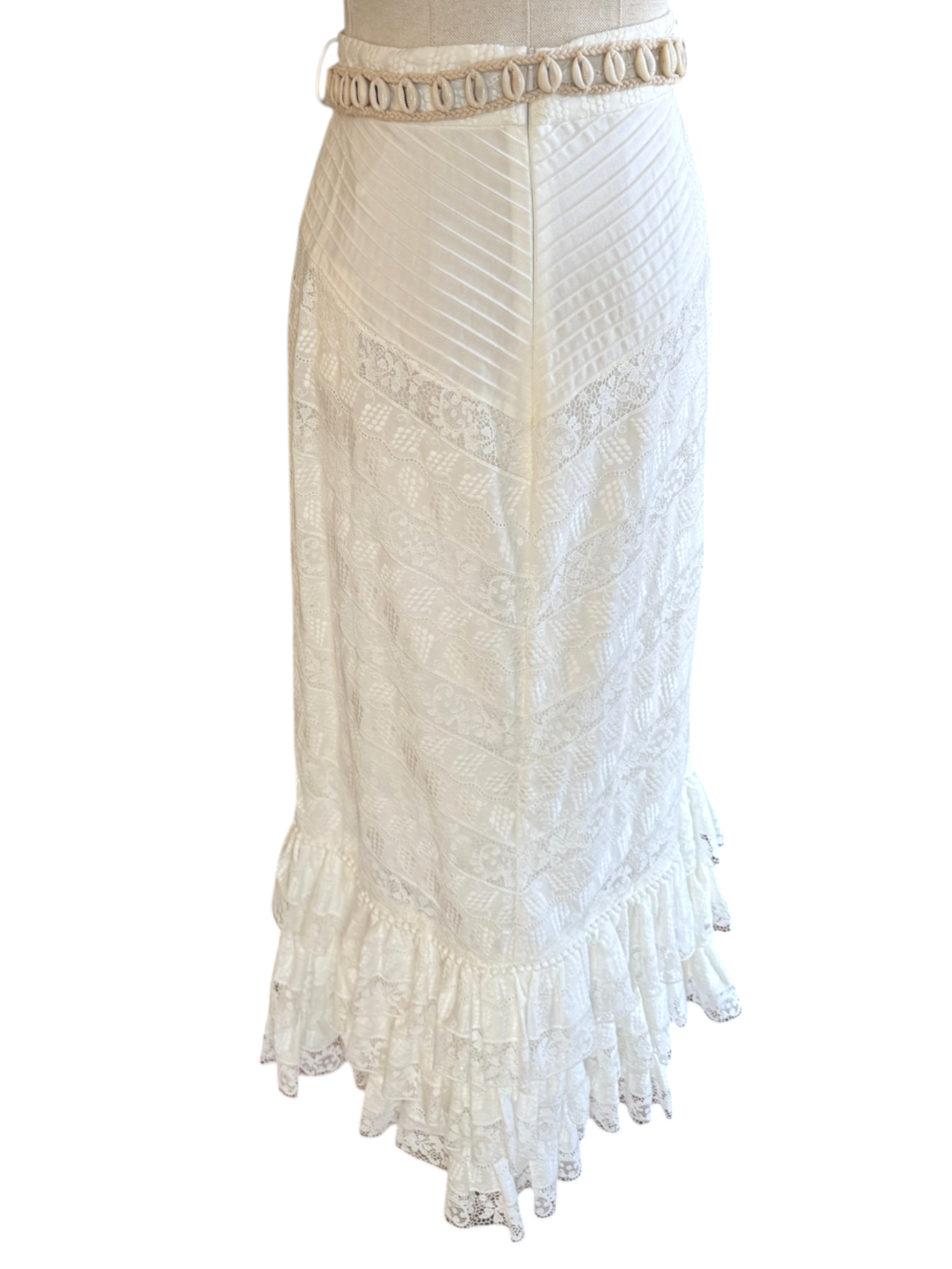Zimmermann Veneto Perennial Lace Midi Skirt | White, Tiers, Belt, High Waist