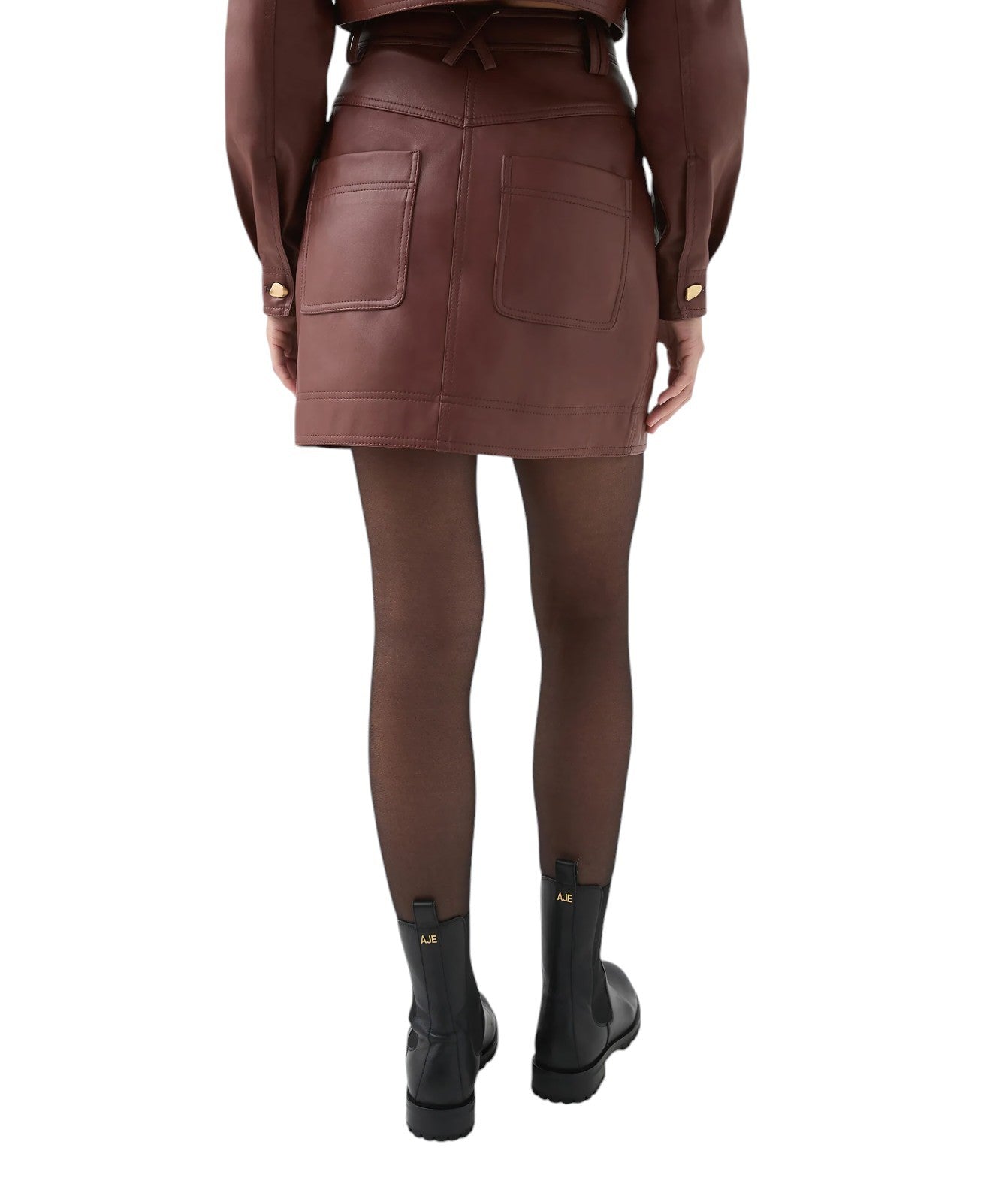 Aje. Sarina Mini Skirt | Sz 10, Vegan Leather, Toffee Brown/Tan, Gold Buttons