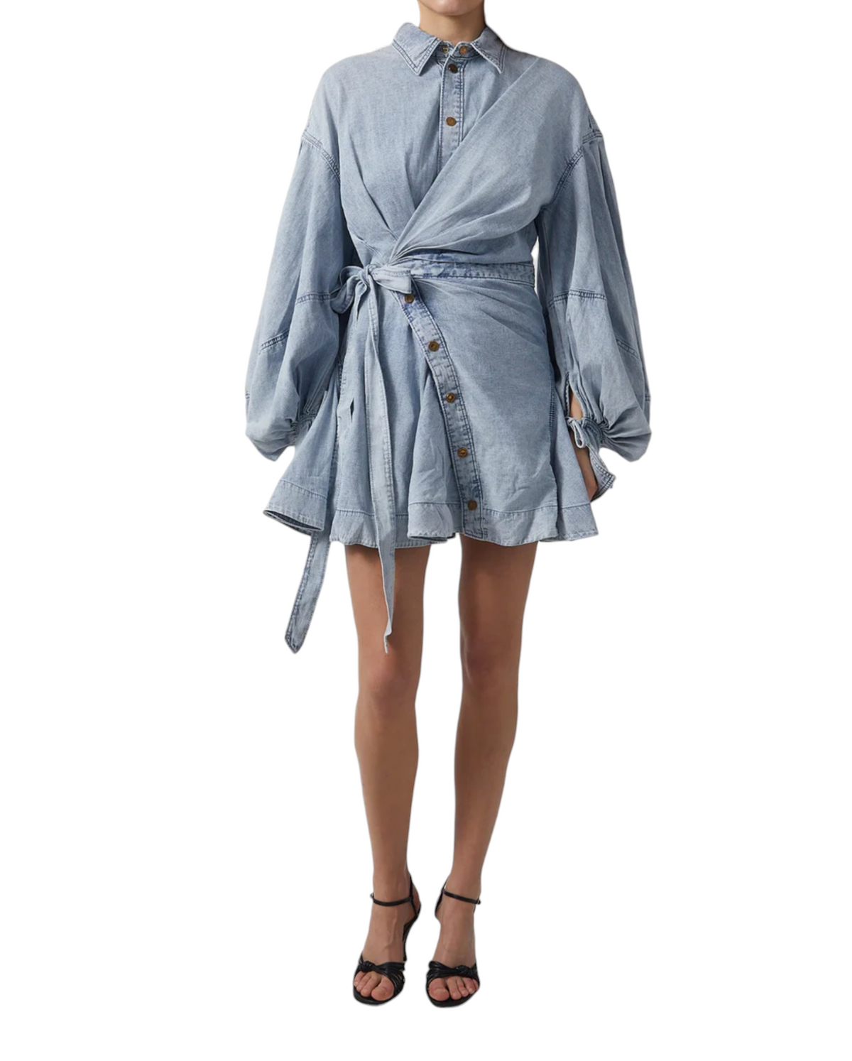 Zimmermann Rebellion Denim Wrap Mini | Light Blue, Puff Sleeves, Collar, Buttons