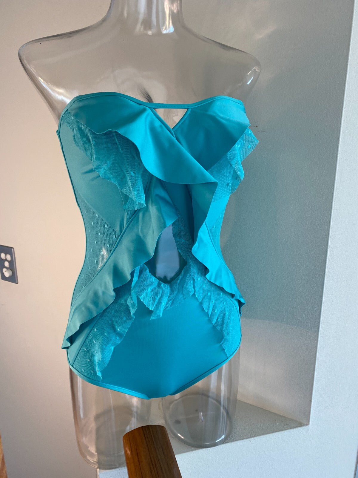 Zimmermann Peggy Cross Frill One Piece Swimsuit | Mesh, Turquoise Aqua  $500RP