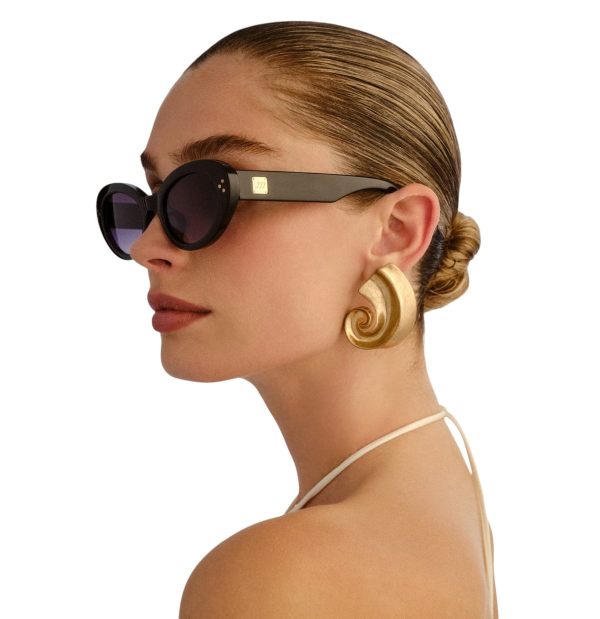 Le Specs Tootsie Sunglasses |Black Acetate, Grey Mono Lens, Cat Eye, Gold Accent
