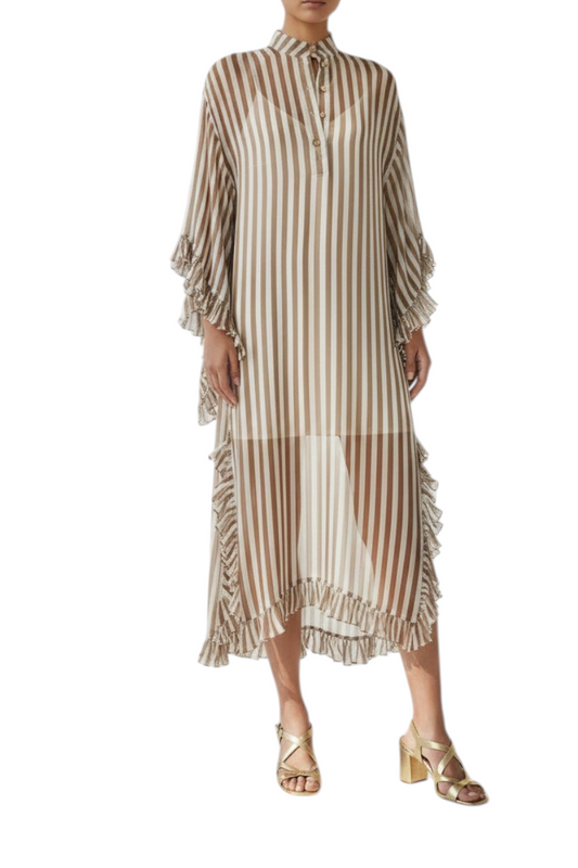 Zimmermann Balance Ruffle Tunic Dress | Khaki /White Stripe, Kaftan, Sheer
