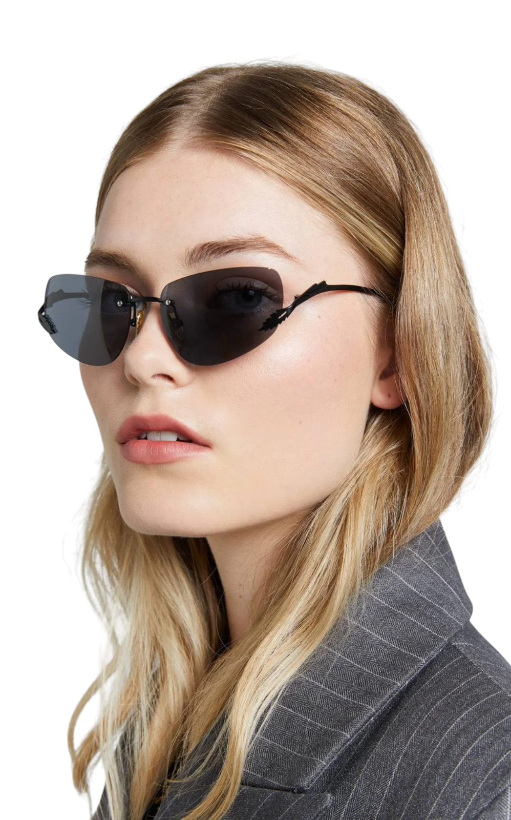 Karen Walker Fleur Sunglasses | Black Metal, Rimless, Grey Mono Lenses, Monel