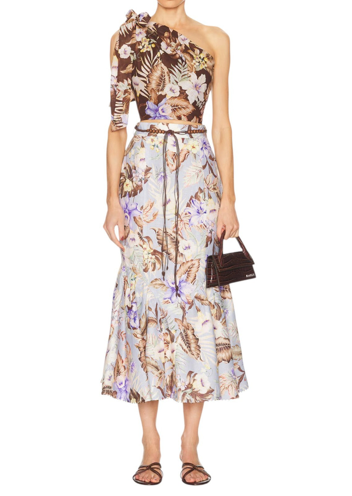 Zimmermann Coco Fit + Flare Midi Skirt | Powder Blue/Brown Floral, Belt, Linen