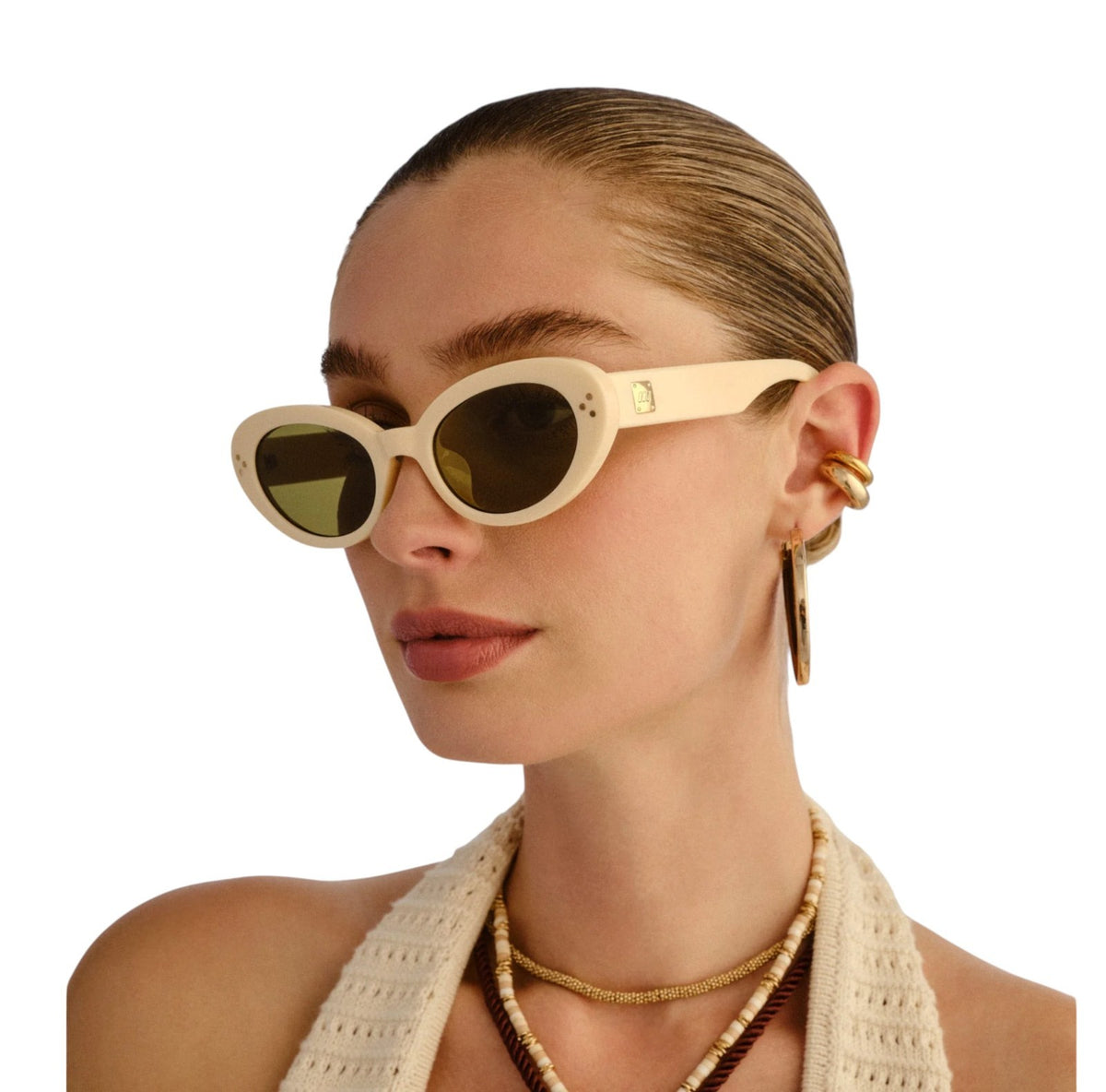 Le Specs Tootsie Sunglasses | Off White/Cream Acetate, Green Mono Lens, Cat Eye