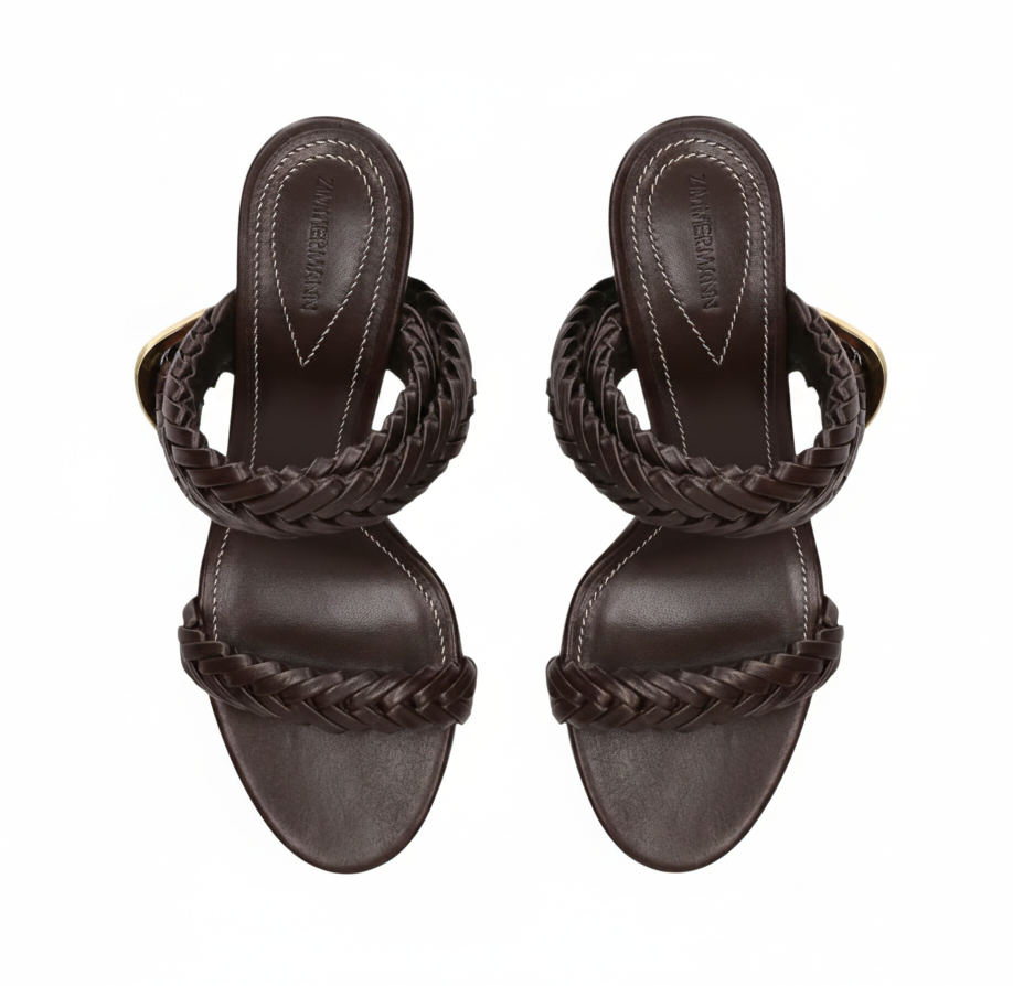 Zimmermann Helix Sandal 75 | Choc Brown,Leather, Braided, Stiletto, Ankle Strap