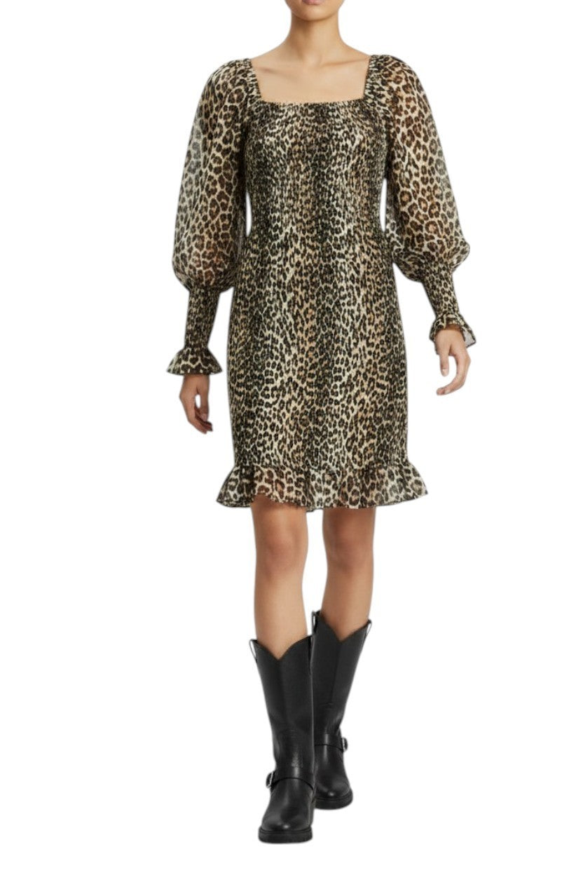 GANNI Leopard Print Mini Dress | Sz 34, Shirred,  Puff Long Sleeves, Silk/Cotton