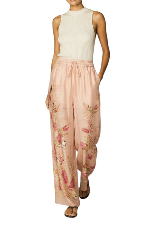 Zimmermann Cascadian Relaxed Wide Leg Pants | Pink Floral, 100% Silk, Drawstring