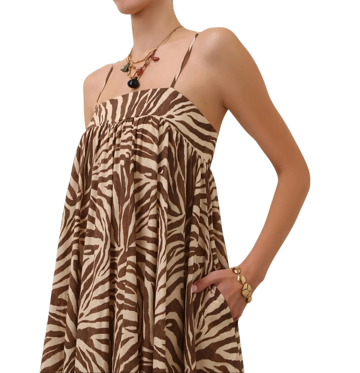 Zimmermann Wanderlust Maxi Dress | Zebra Print, Cotton, Spaghetti Straps, Summer
