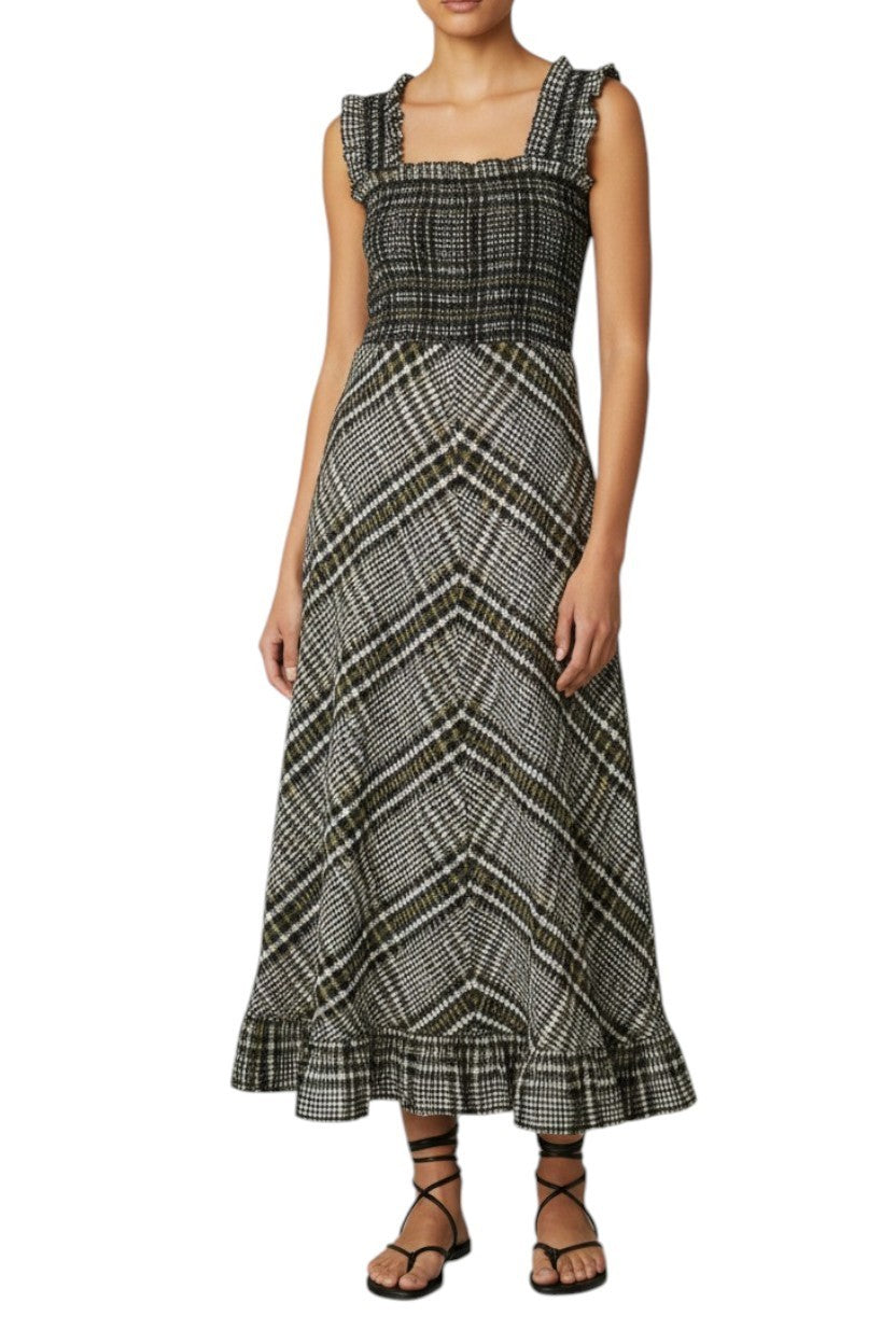 GANNI Seersucker Midi Dress | Sz 38, Gingham/Checkered, Wide Strap, Shirred