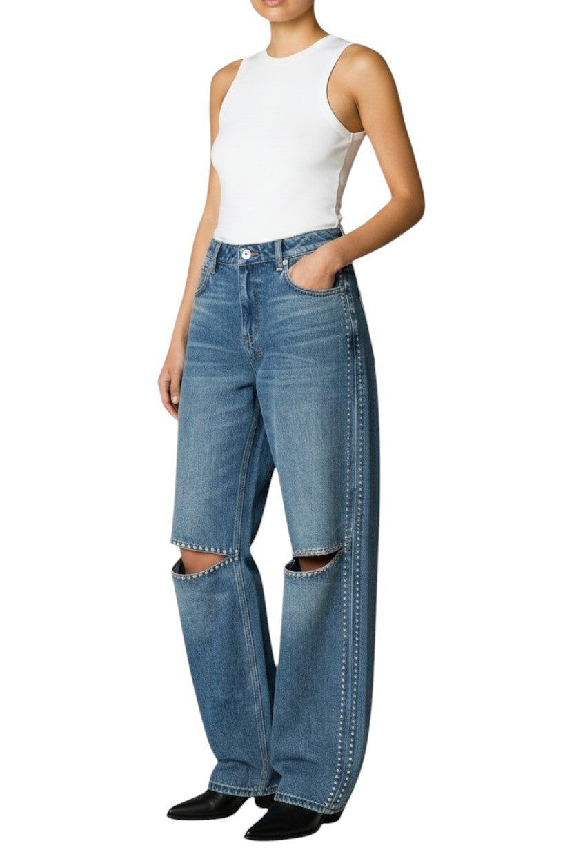 Ksubi Low Rider Studded Jeans | Mid Rise, Knee Cut Out, Relaxed/Baggy