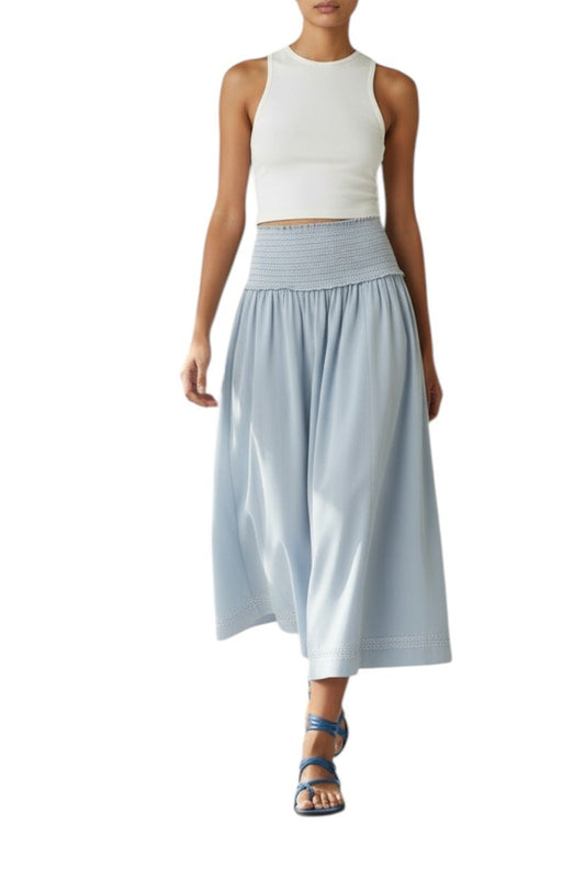 Zimmermann Ascension Shirred Denim Midi Skirt | Light Blue, Stretch, High Waist