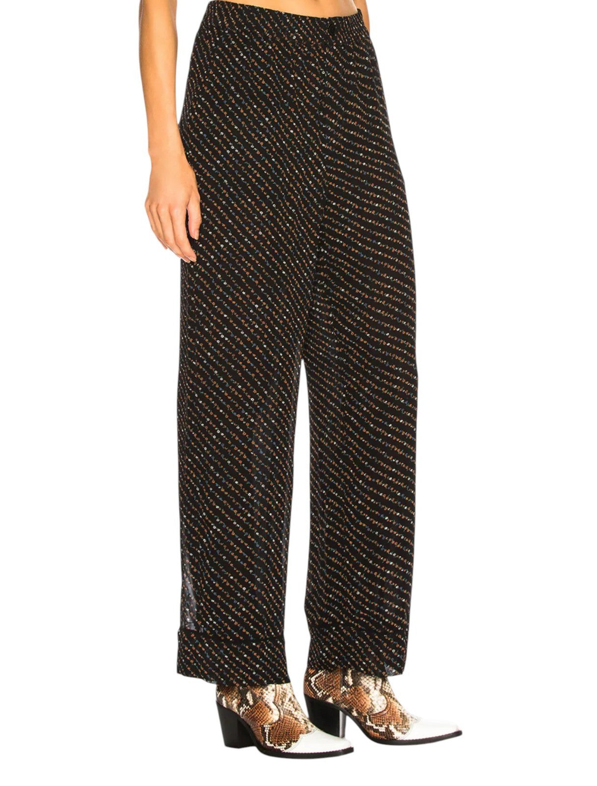GANNI Black Floral Pants | Sz 36, Georgette, Wide Leg, High Waist, Elastic Waist