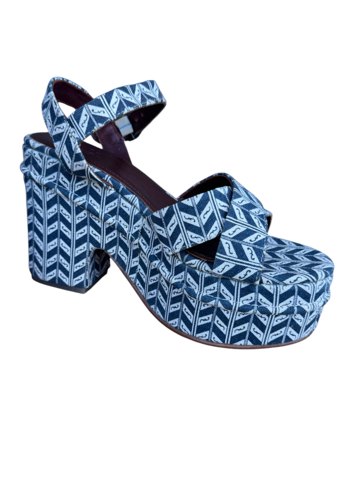 Tigerlily Kienna Violetta Platform Sandal | Sz 40, Blue & White, Print, Leather