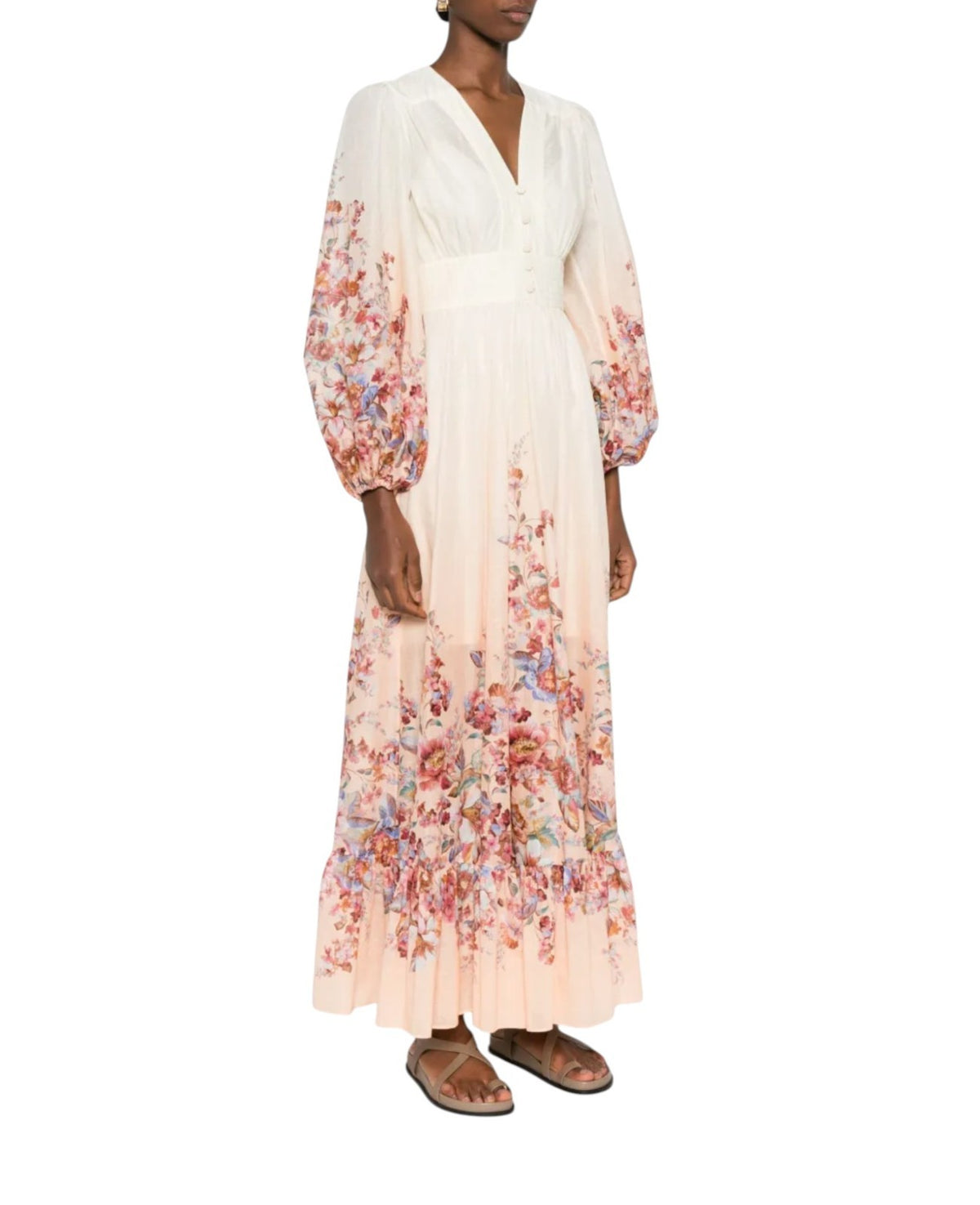 Zimmermann Awaken Plunge Maxi Dress | Ivory/White Floral, Puff Sleeves, Buttons