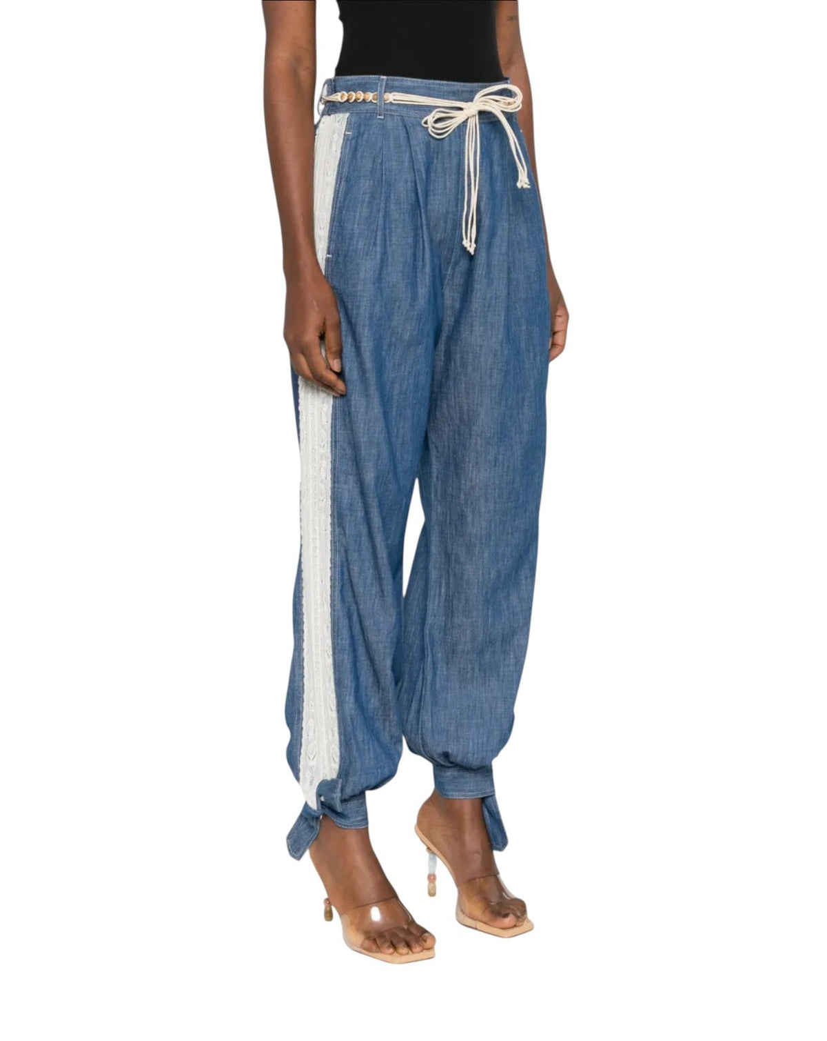 Zimmermann Awaken Denim Harem Pant | Lace Trim, Blue, Elastic Waist, Ankle Tie