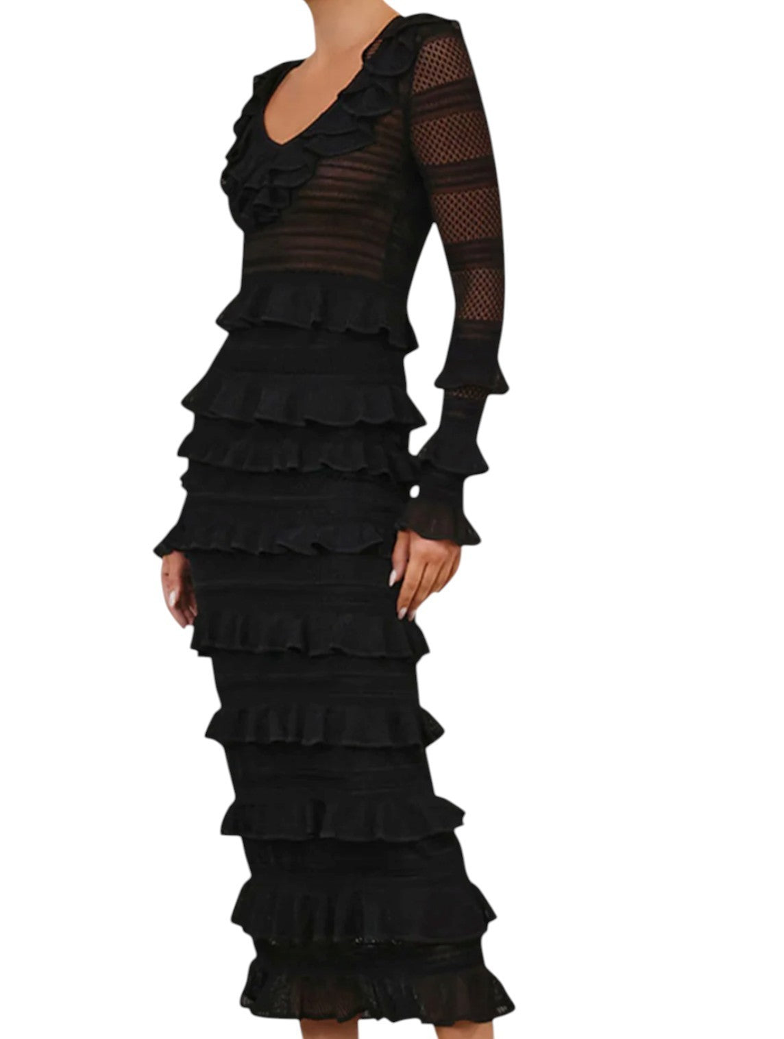 Zimmermann Crush Frilled V Neck Top |  Black, Long Sleeves, Sheer, Ruffles