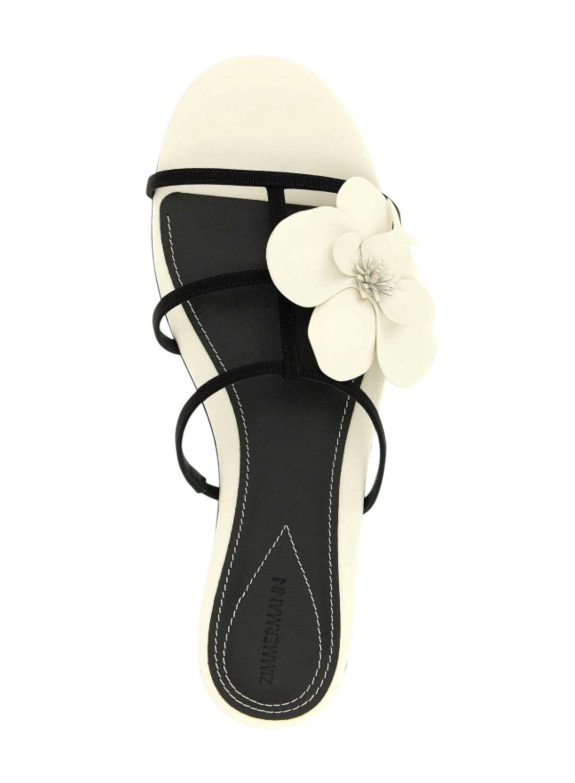 Zimmermann Orchid Slide Sandal | White/Black, Flats, Flower Applique, Leather