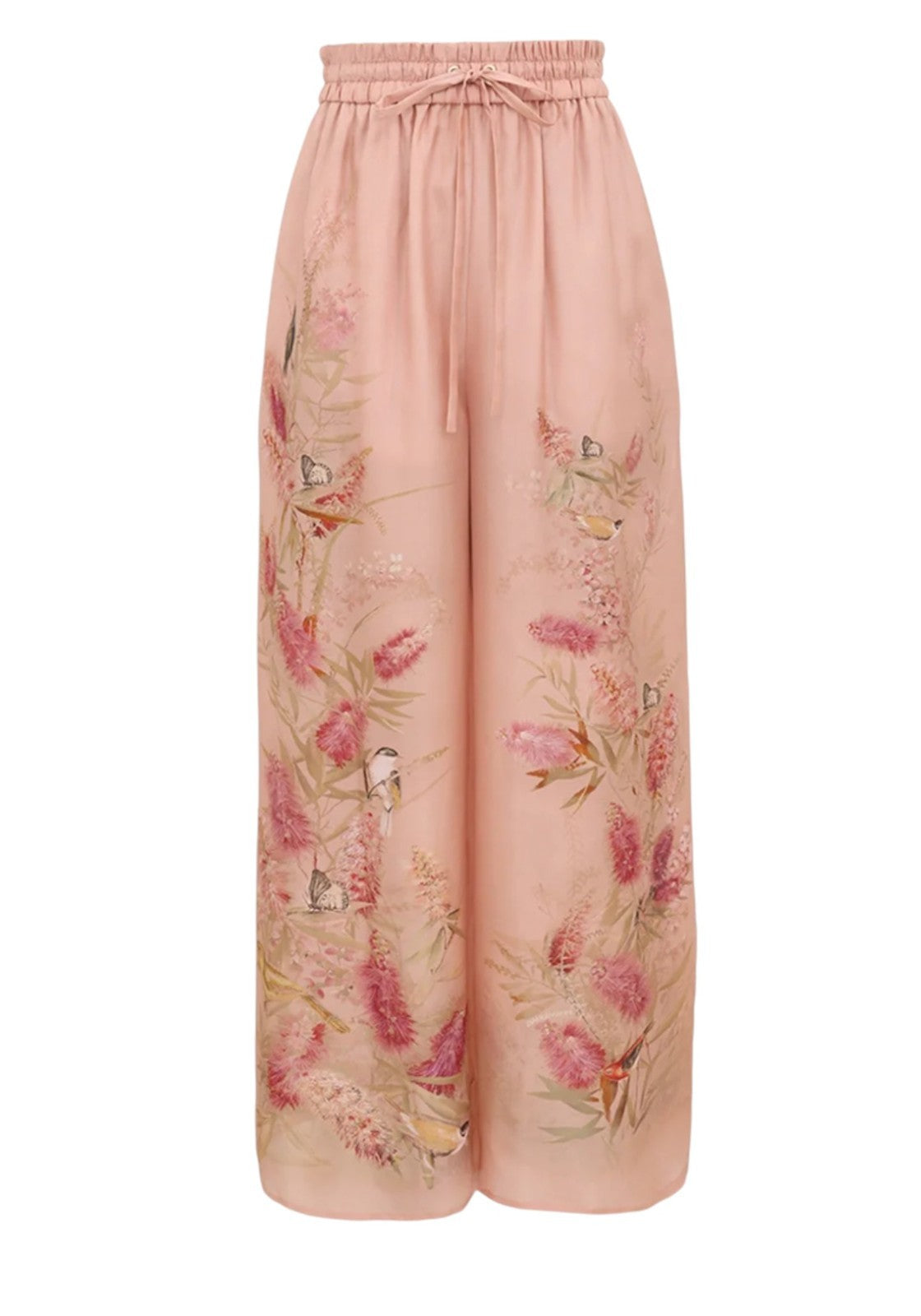 Zimmermann Cascadian Relaxed Wide Leg Pants | Pink Floral, 100% Silk, Drawstring