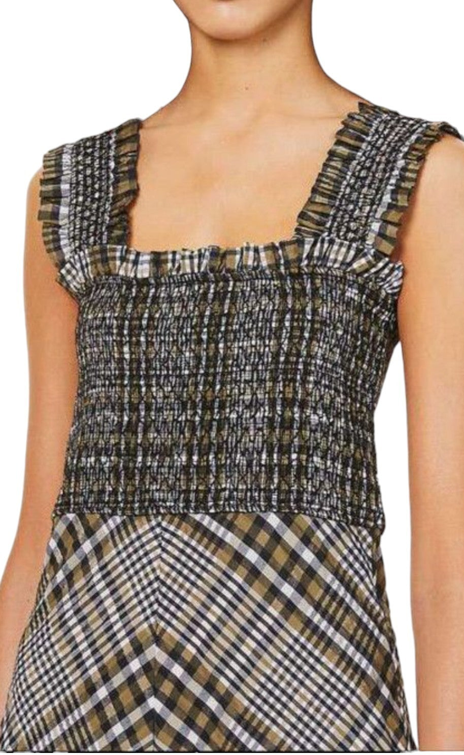 GANNI Seersucker Midi Dress | Sz 38, Gingham/Checkered, Wide Strap, Shirred