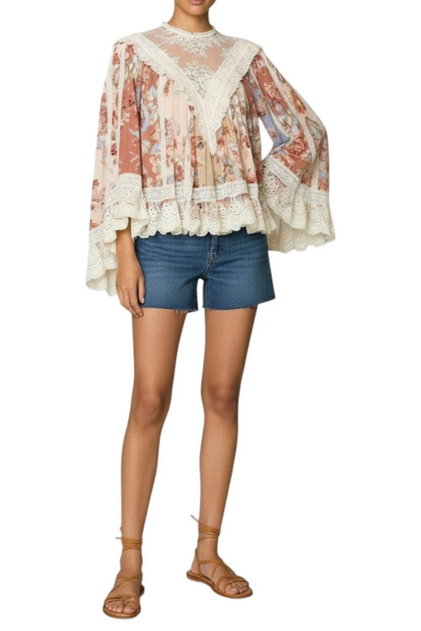 Zimmermann Awaken Lace Trim Blouse | Spliced Floral | Relaxed, Flutter Sleeve