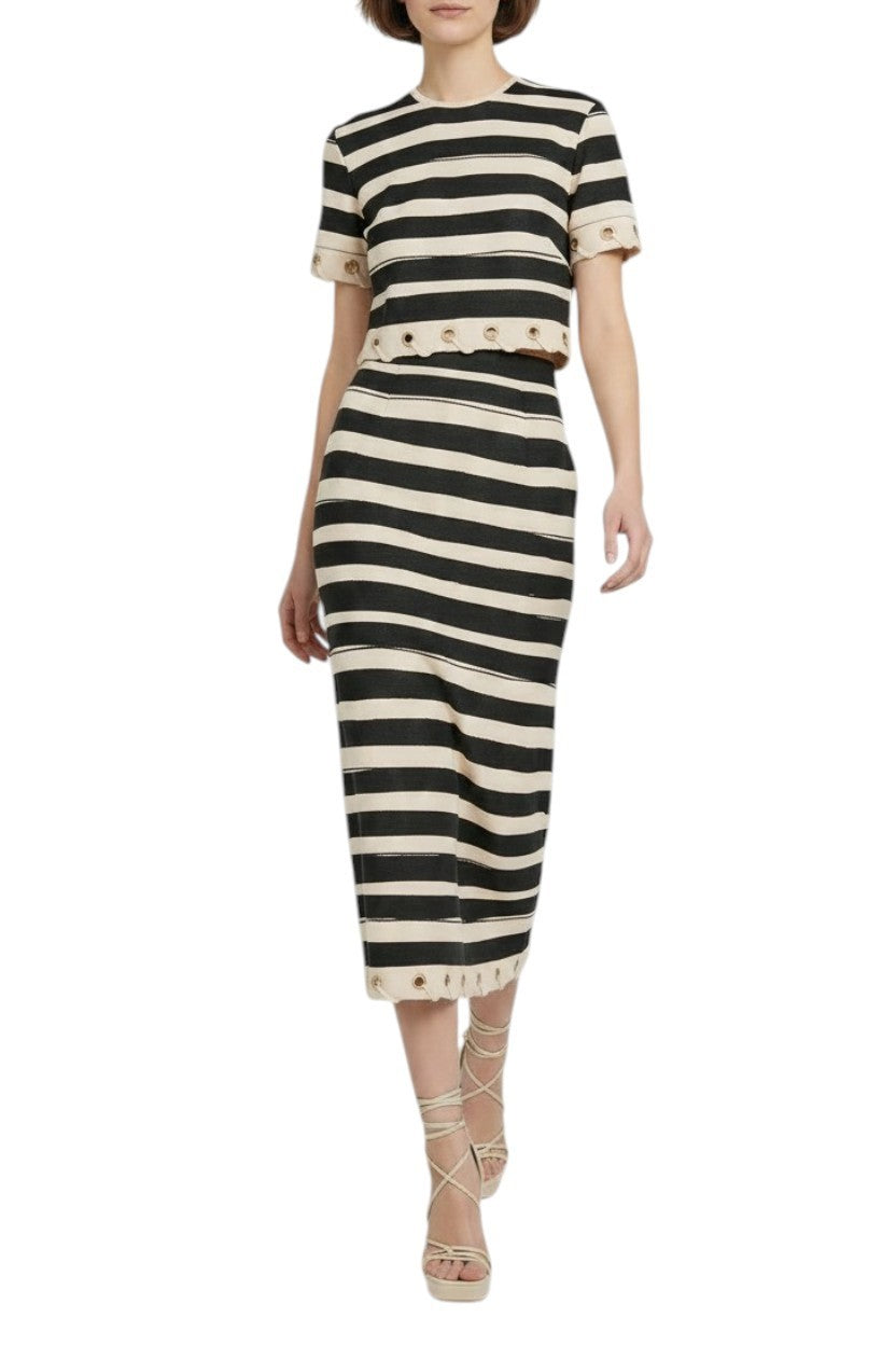 Zimmermann Rebellion Stripe Skirt | Midi, High Waist, Pencil, Black & White