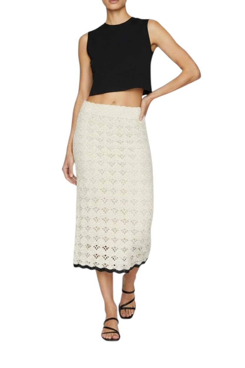 Zimmermann Rhiannon Crochet Midi Skirt |Cream/Black Trim, Stretch, Elastic Waist