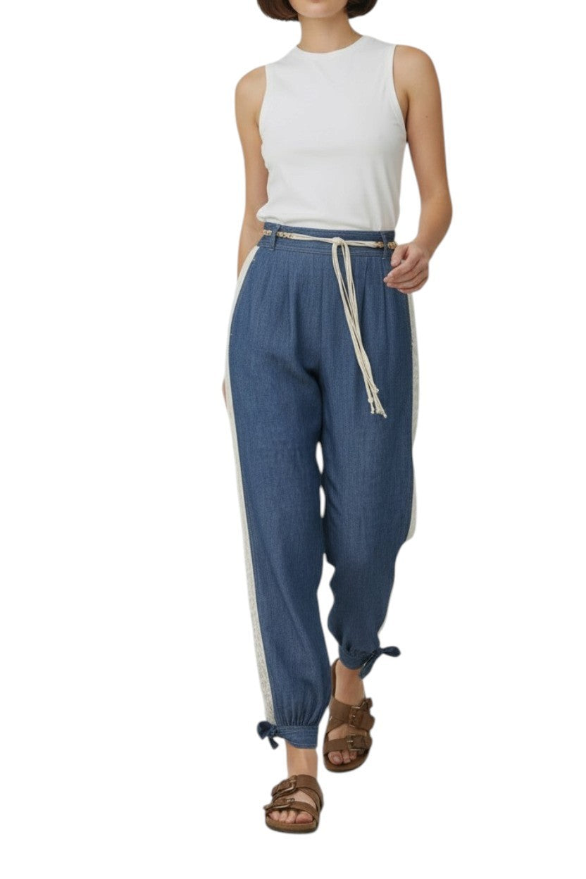 Zimmermann Awaken Denim Harem Pant | Lace Trim, Blue, Elastic Waist, Ankle Tie