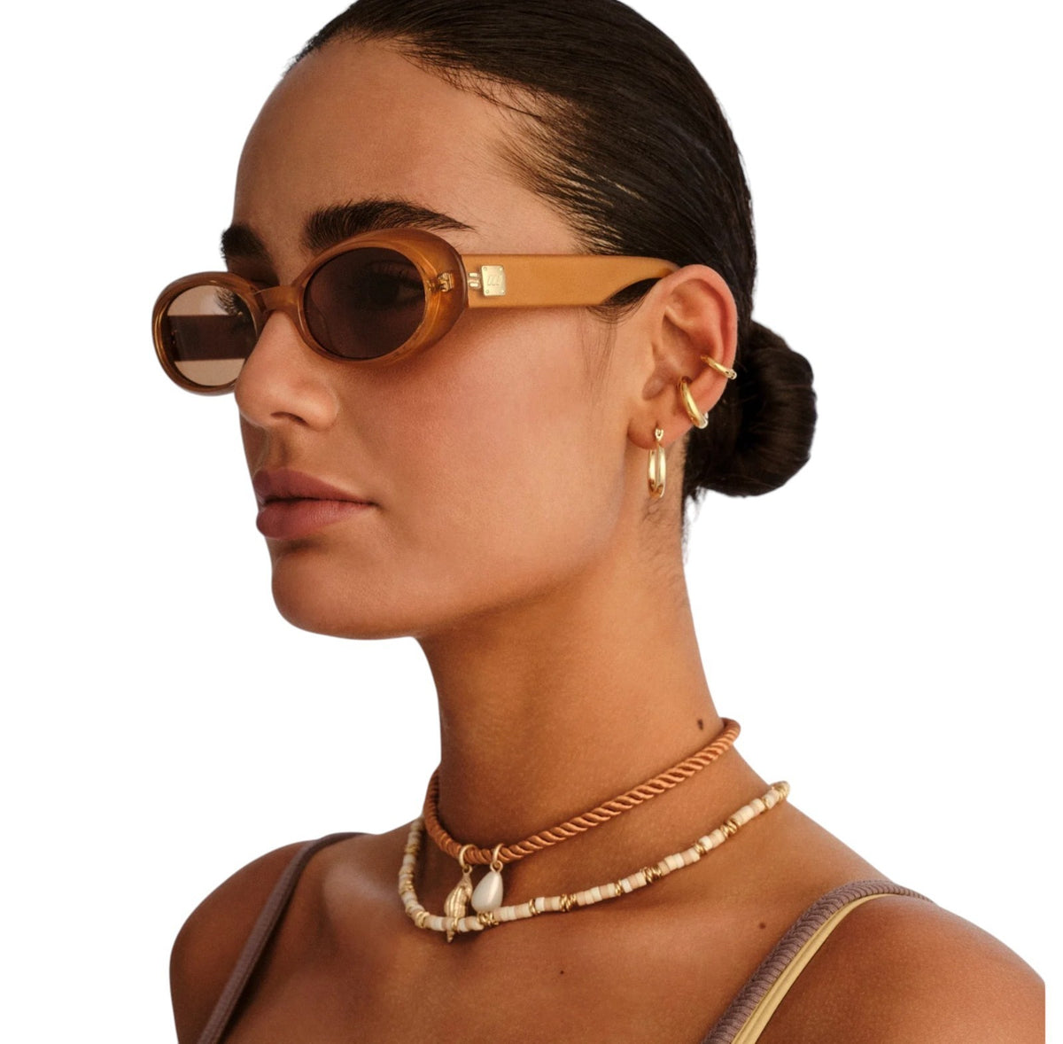 Le Specs Work It Sunglasses | Small Oval, Gold/Pearl, Brown Lenses, Eco Friendly
