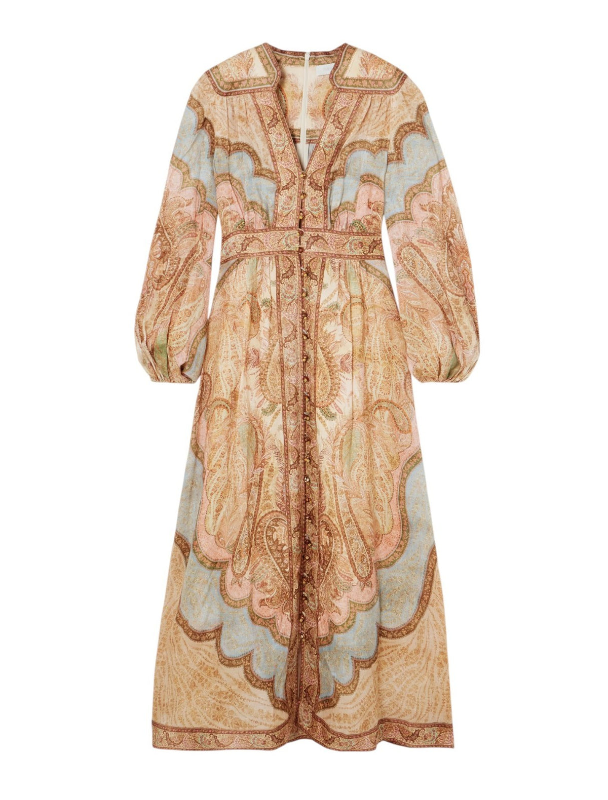 Zimmermann Wanderlust Plunge Midi Dress | Tapestry Print, Puff Sleeves, V Neck