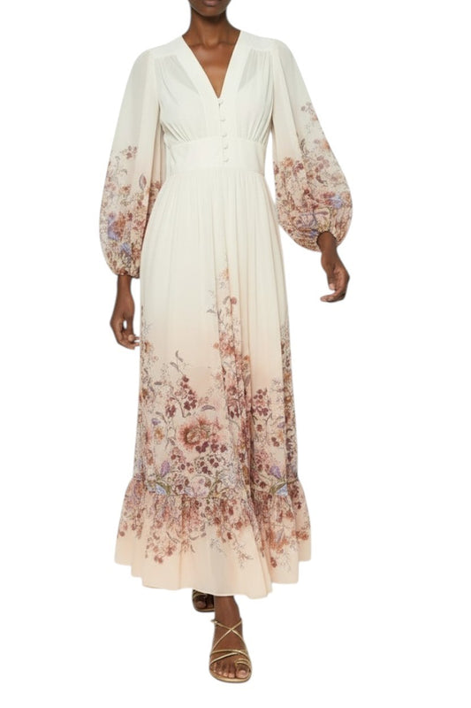 Zimmermann Awaken Plunge Maxi Dress | Ivory/White Floral, Puff Sleeves, Buttons