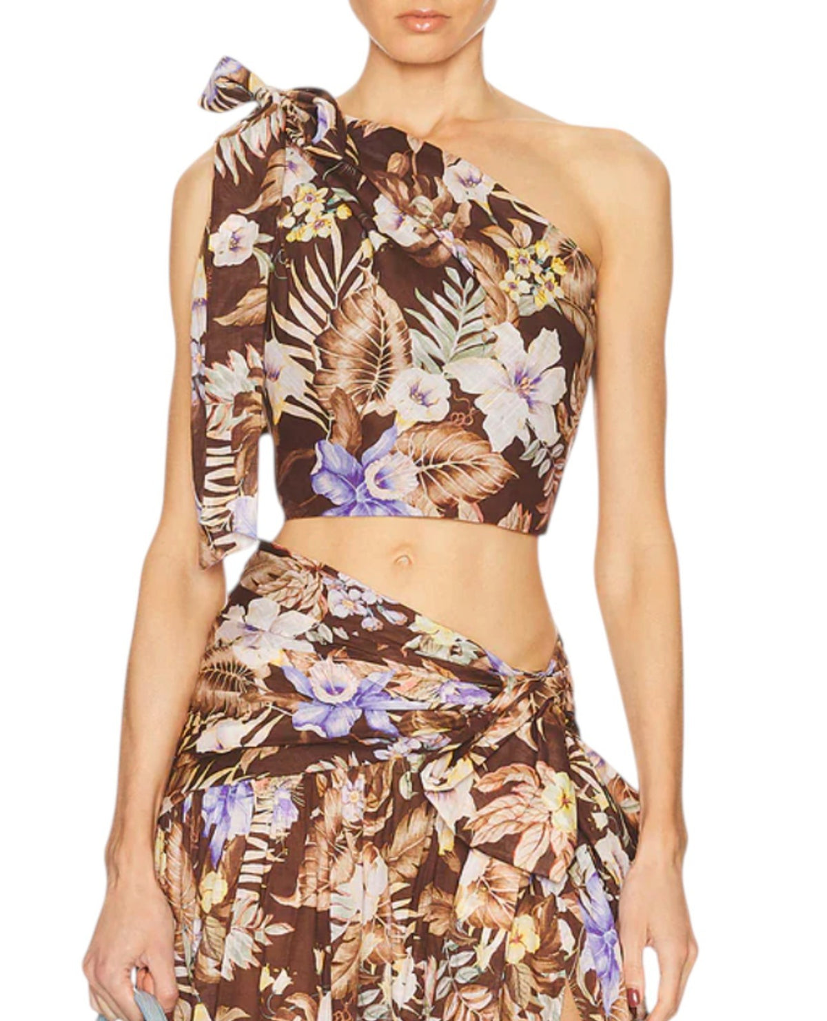 Zimmermann Coco Cropped Bodice Top | Brown Choc Floral, Linen, One Shoulder, Bow
