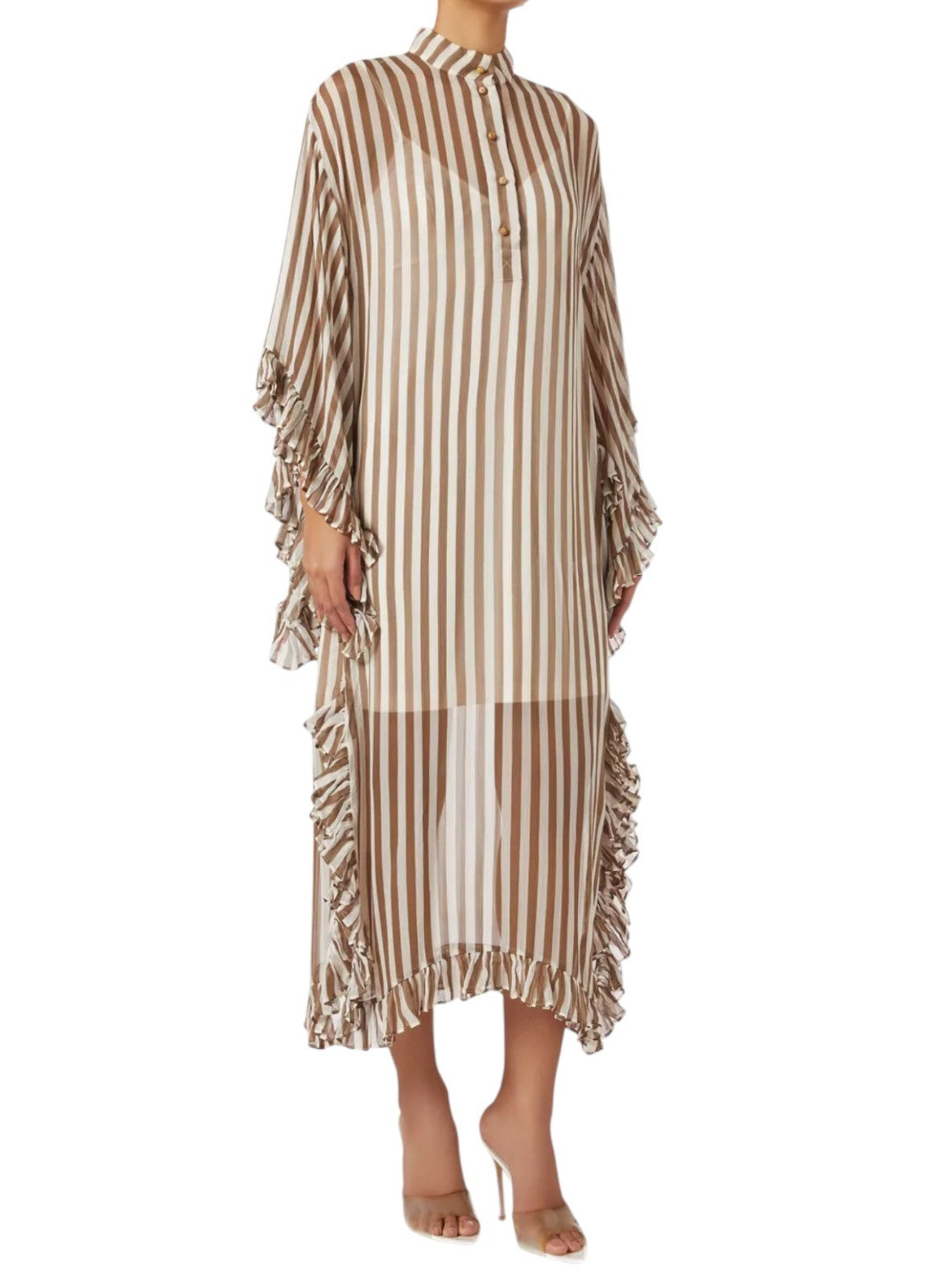 Zimmermann Balance Ruffle Tunic Dress | Khaki /White Stripe, Kaftan, Sheer
