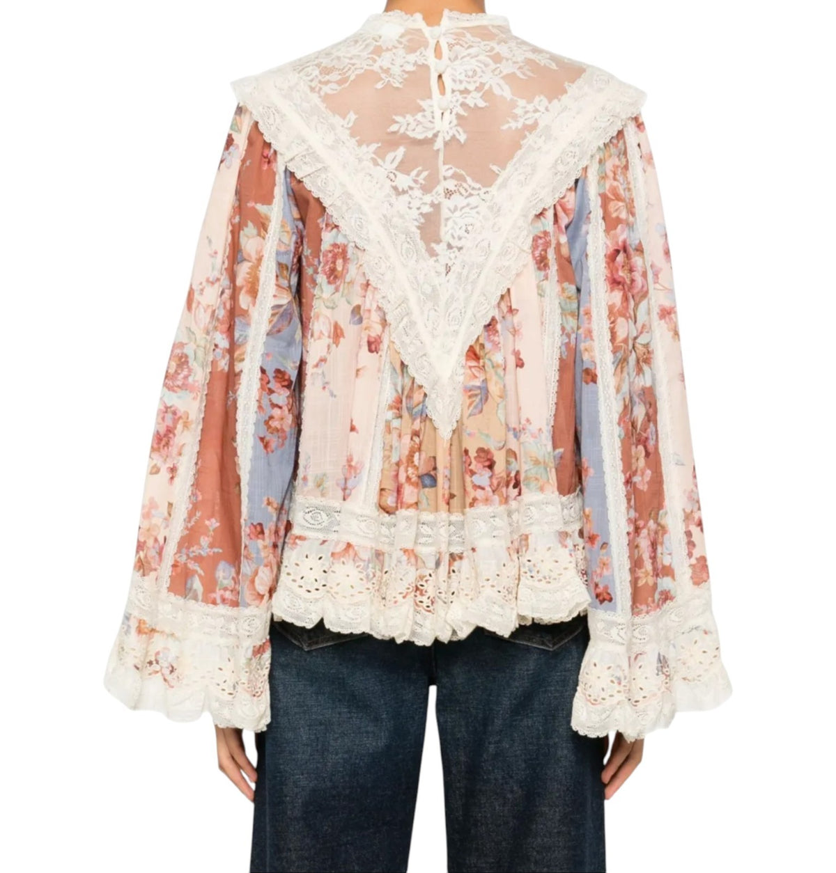 Zimmermann Awaken Lace Trim Blouse | Spliced Floral | Relaxed, Flutter Sleeve