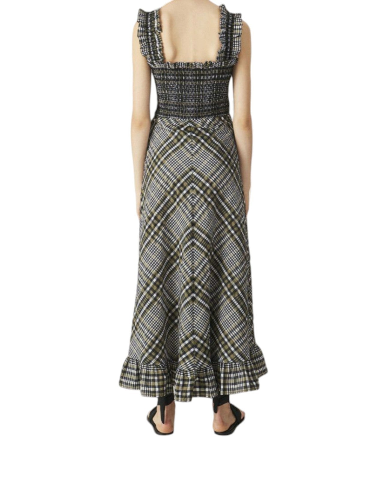 GANNI Seersucker Midi Dress | Sz 38, Gingham/Checkered, Wide Strap, Shirred