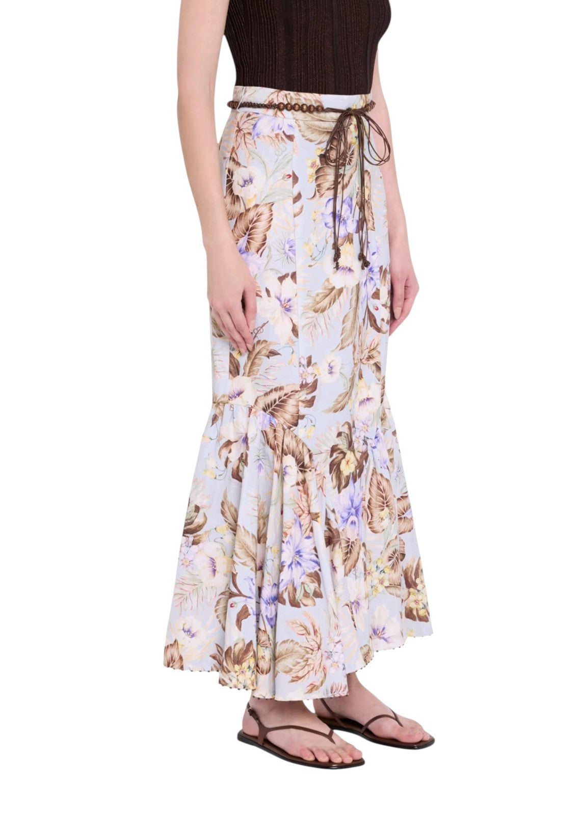 Zimmermann Coco Fit + Flare Midi Skirt | Powder Blue/Brown Floral, Belt, Linen