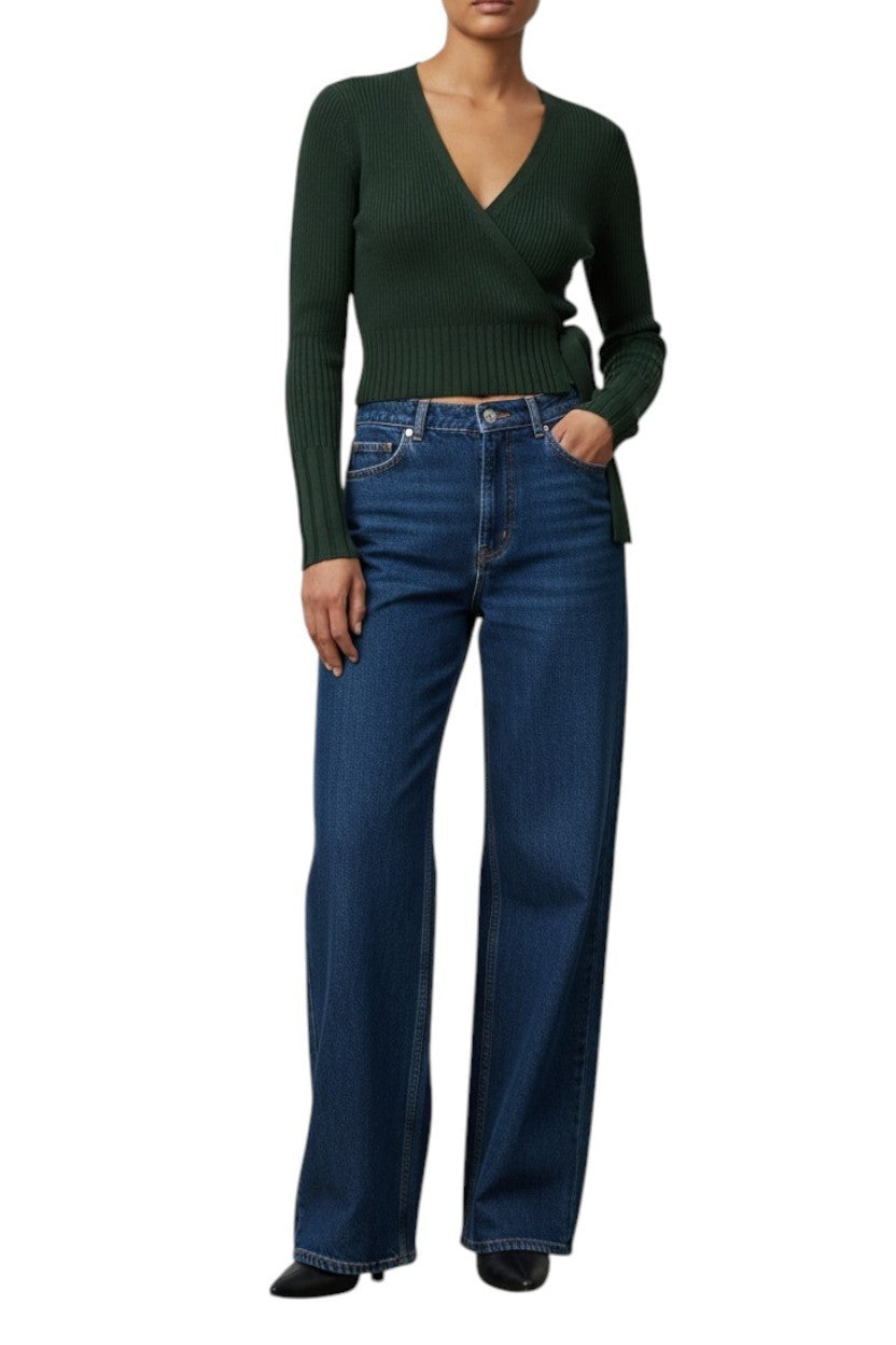 Zimmermann Ribbed Wrap Cardigan |Dark Green, Crop, Tie Close, V Neck