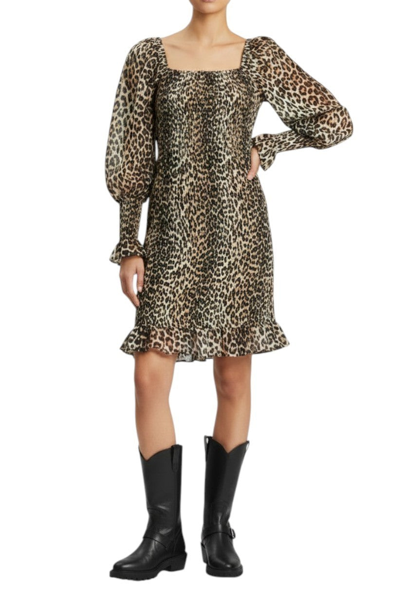 GANNI Leopard Print Mini Dress | Sz 34, Shirred,  Puff Long Sleeves, Silk/Cotton