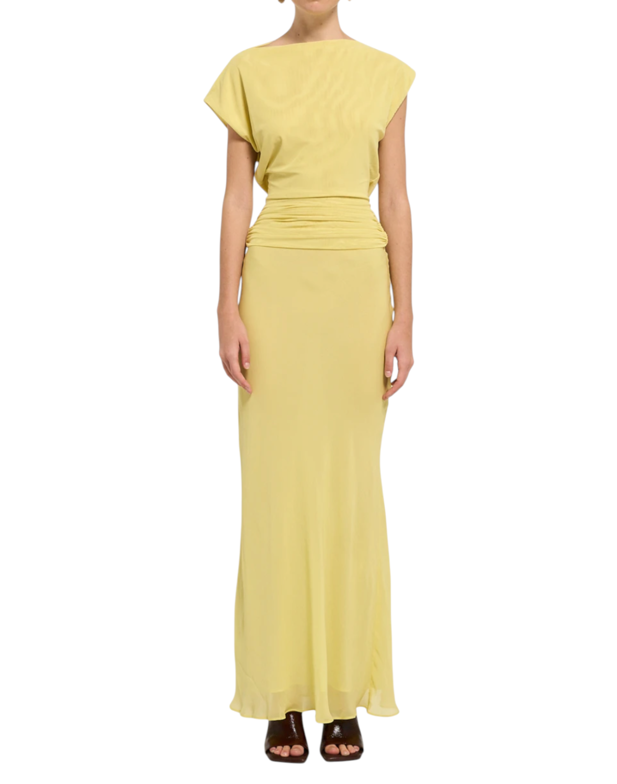 BEC + BRIDGE Jehnaya Asymmetric Maxi Dress | Sz 8, Yellow, Mesh, Cowl, Backless