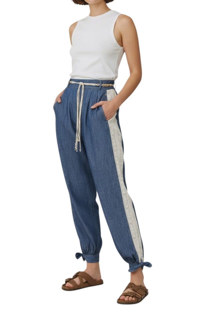 Zimmermann Awaken Denim Harem Pant | Lace Trim, Blue, Elastic Waist, Ankle Tie