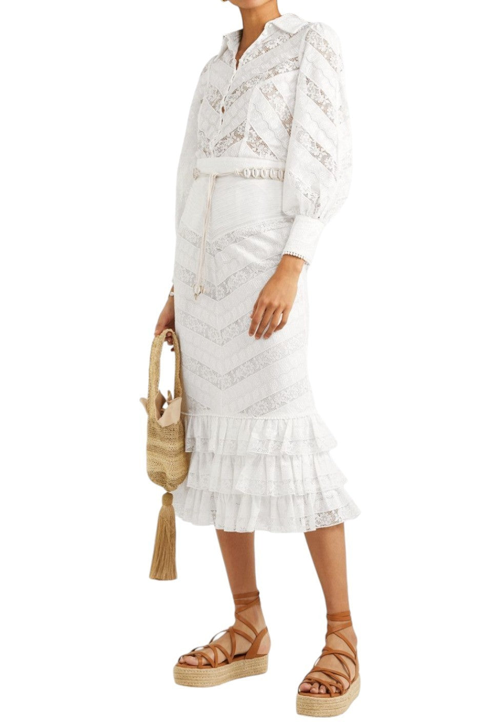 Zimmermann Veneto Perennial Lace Midi Skirt | White, Tiers, Belt, High Waist