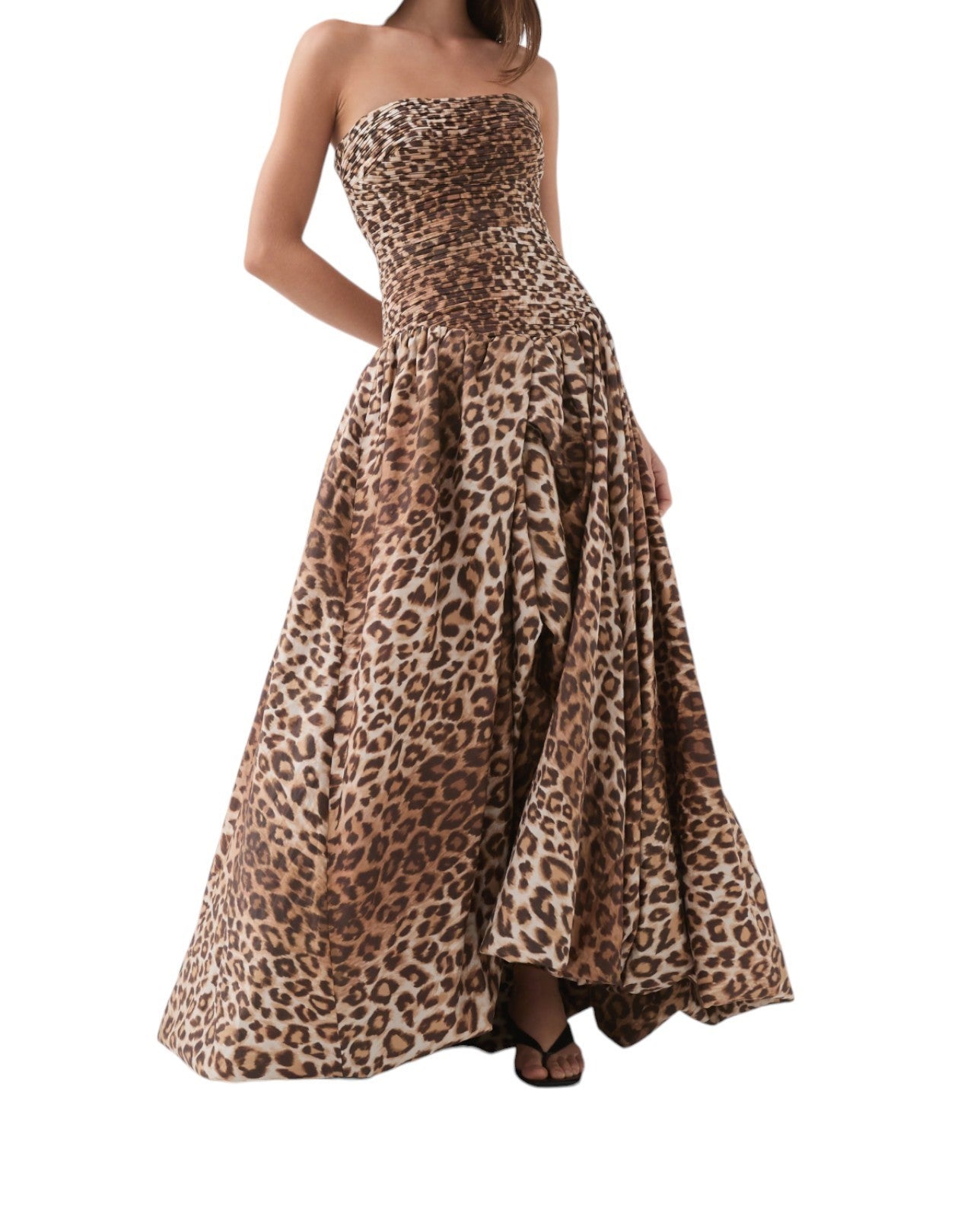 Aje Behold Maxi Dress | Leopard Print, High/Low Bubble, Ruched, Strapless, Gown