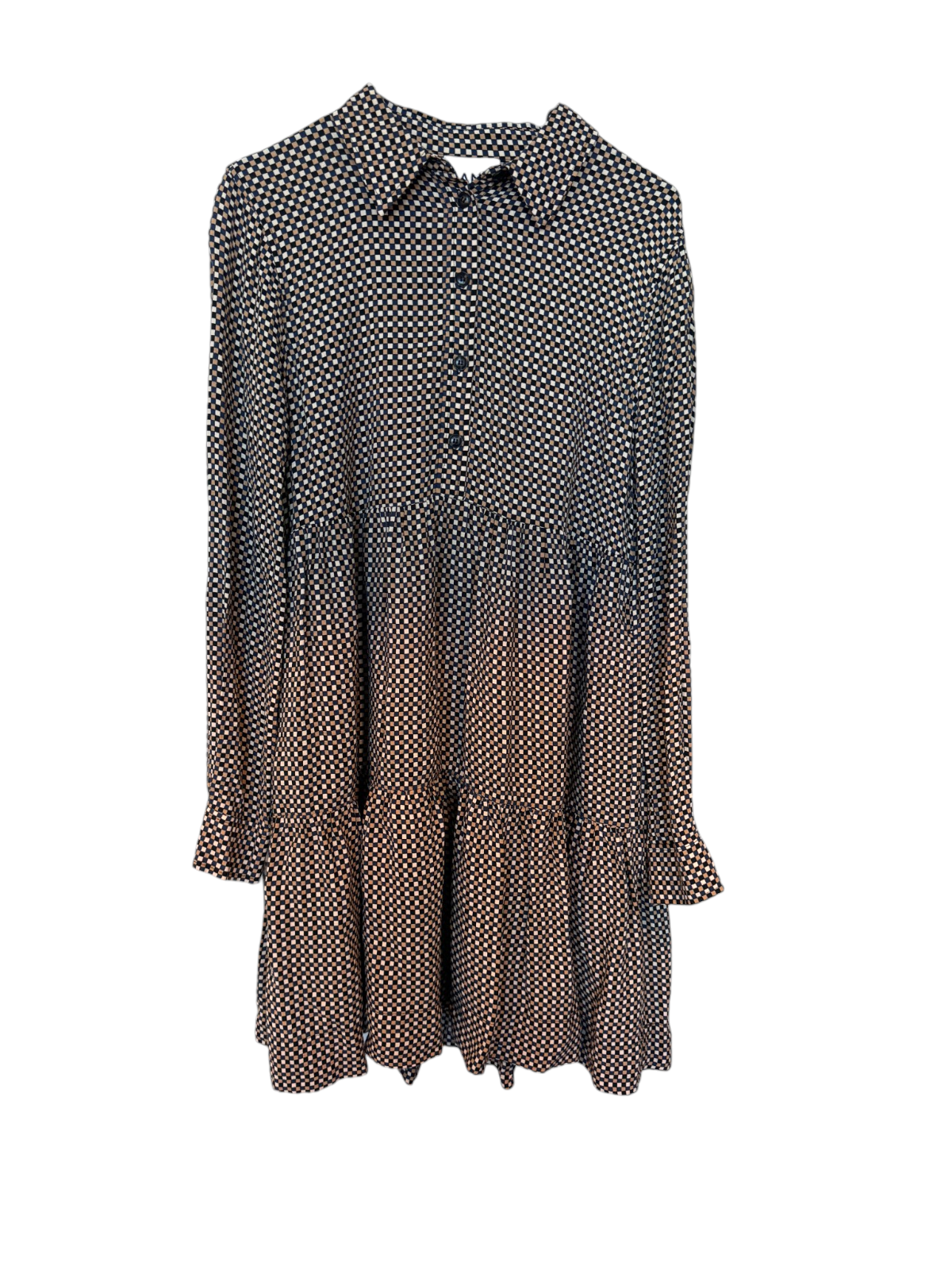 GANNI Relaxed Shift Mini Dress | Checkered, Collar, Button Placket, Cuffs, Flare