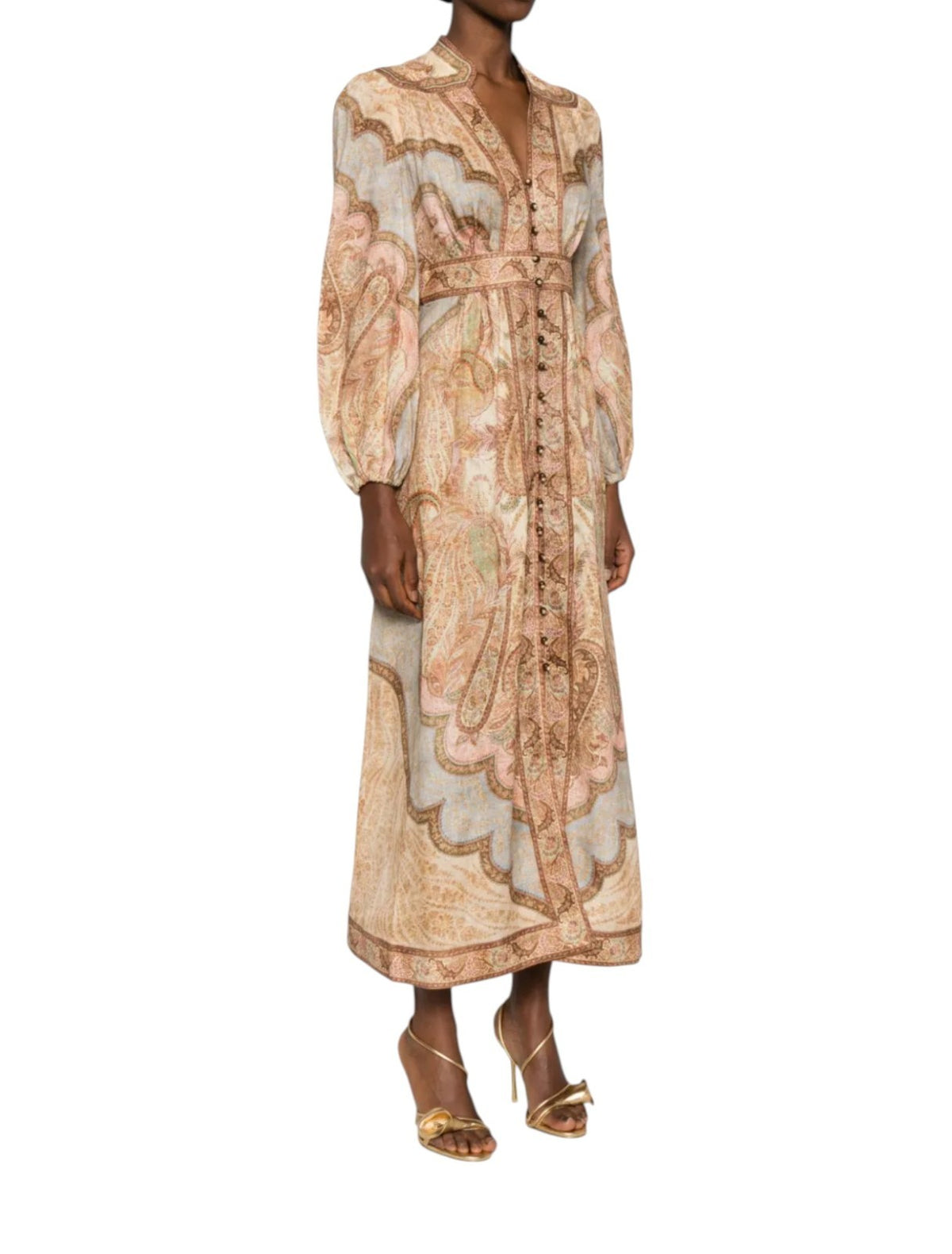 Zimmermann Wanderlust Plunge Midi Dress | Tapestry Print, Puff Sleeves, V Neck