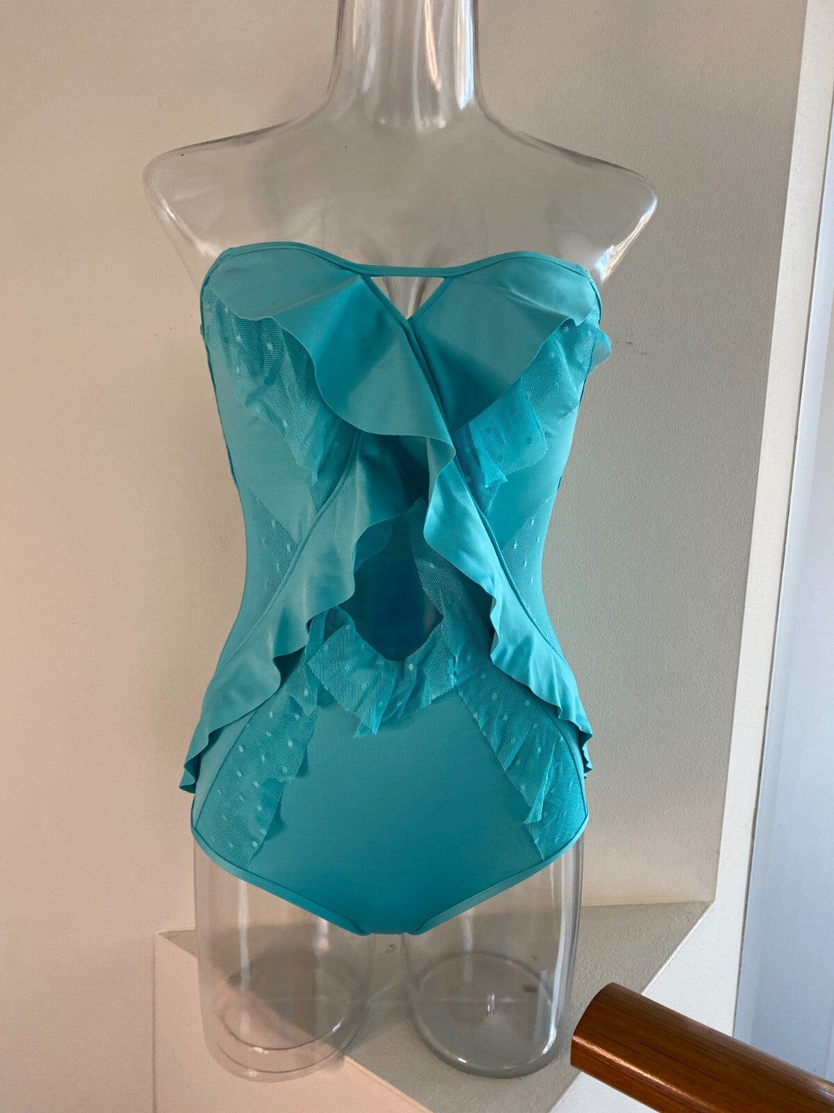 Zimmermann Peggy Cross Frill One Piece Swimsuit | Mesh, Turquoise Aqua  $500RP