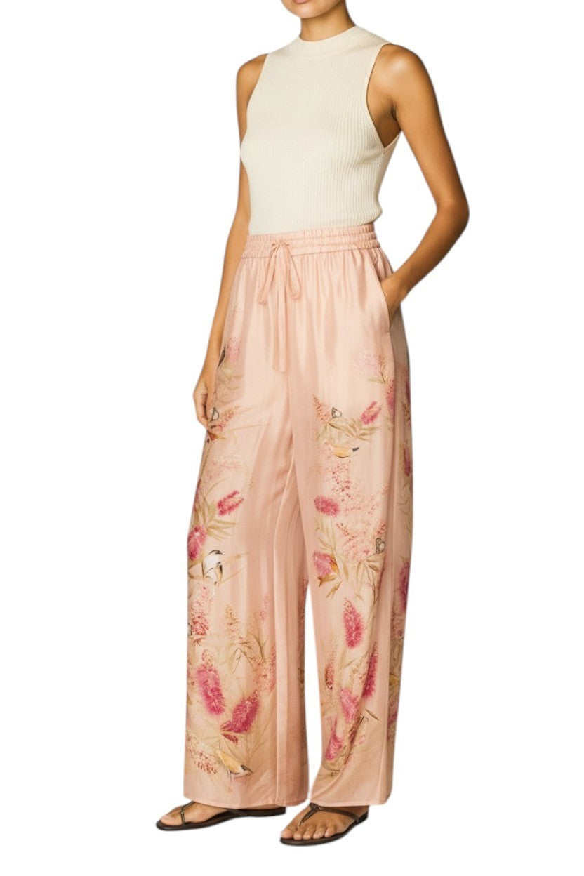 Zimmermann Cascadian Relaxed Wide Leg Pants | Pink Floral, 100% Silk, Drawstring