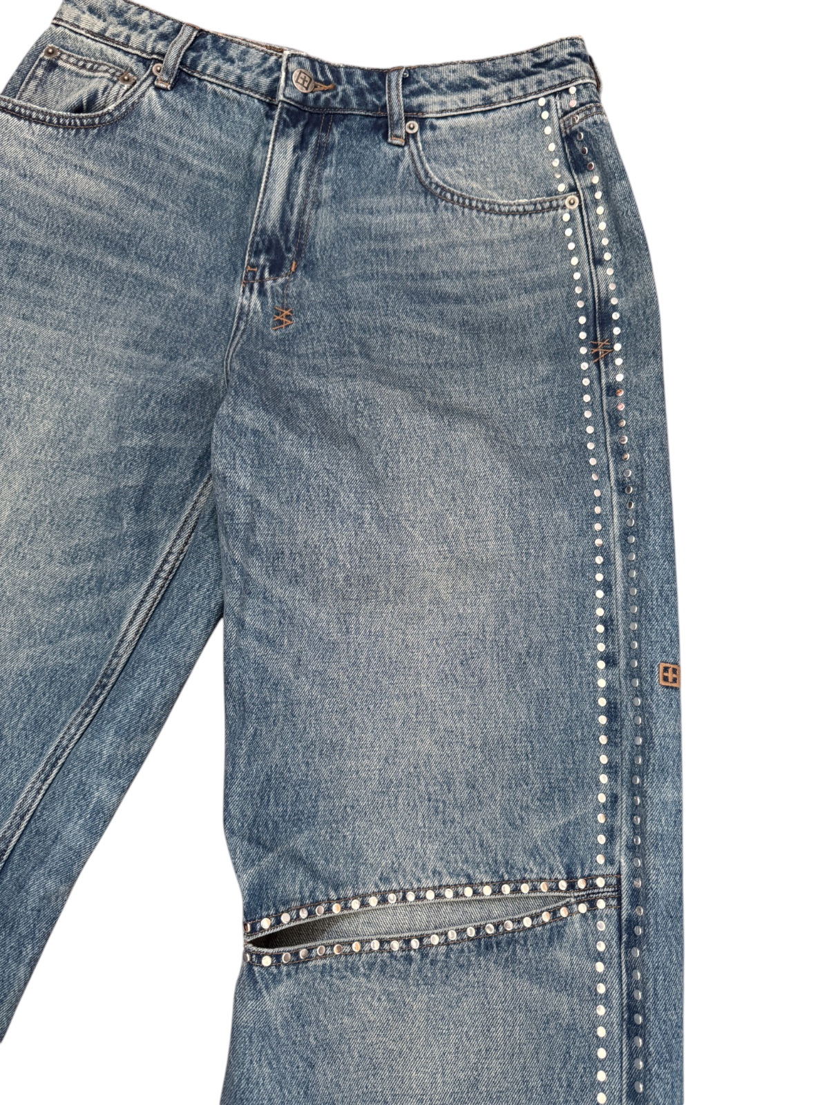 Ksubi Low Rider Studded Jeans | Mid Rise, Knee Cut Out, Relaxed/Baggy