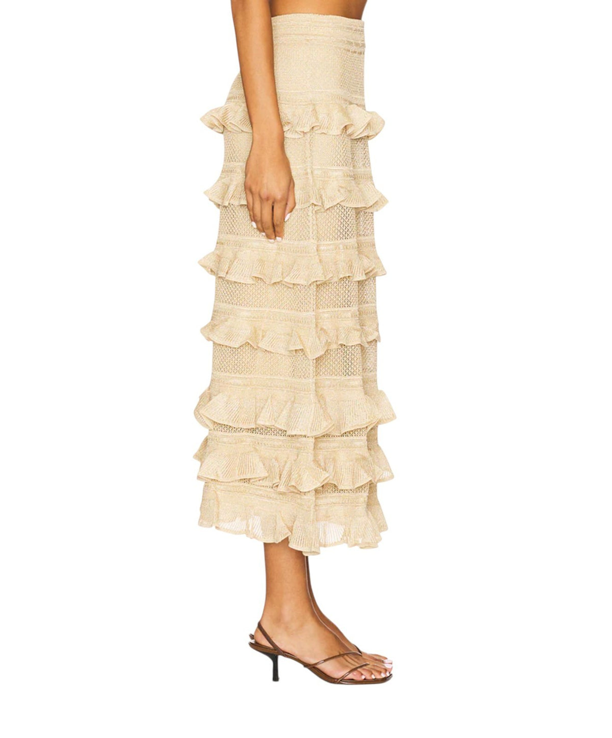 Zimmermann Hypnotic lace Midi Skirt | Midi, Metallic Gold, Tiered, Knit, Ruffle