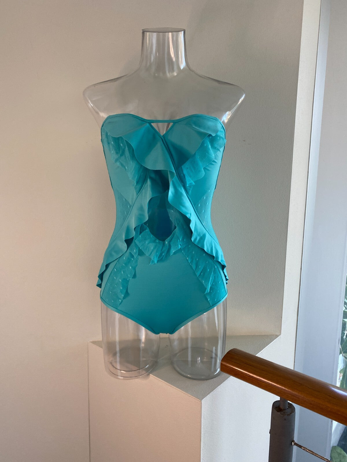 Zimmermann Peggy Cross Frill One Piece Swimsuit | Mesh, Turquoise Aqua  $500RP