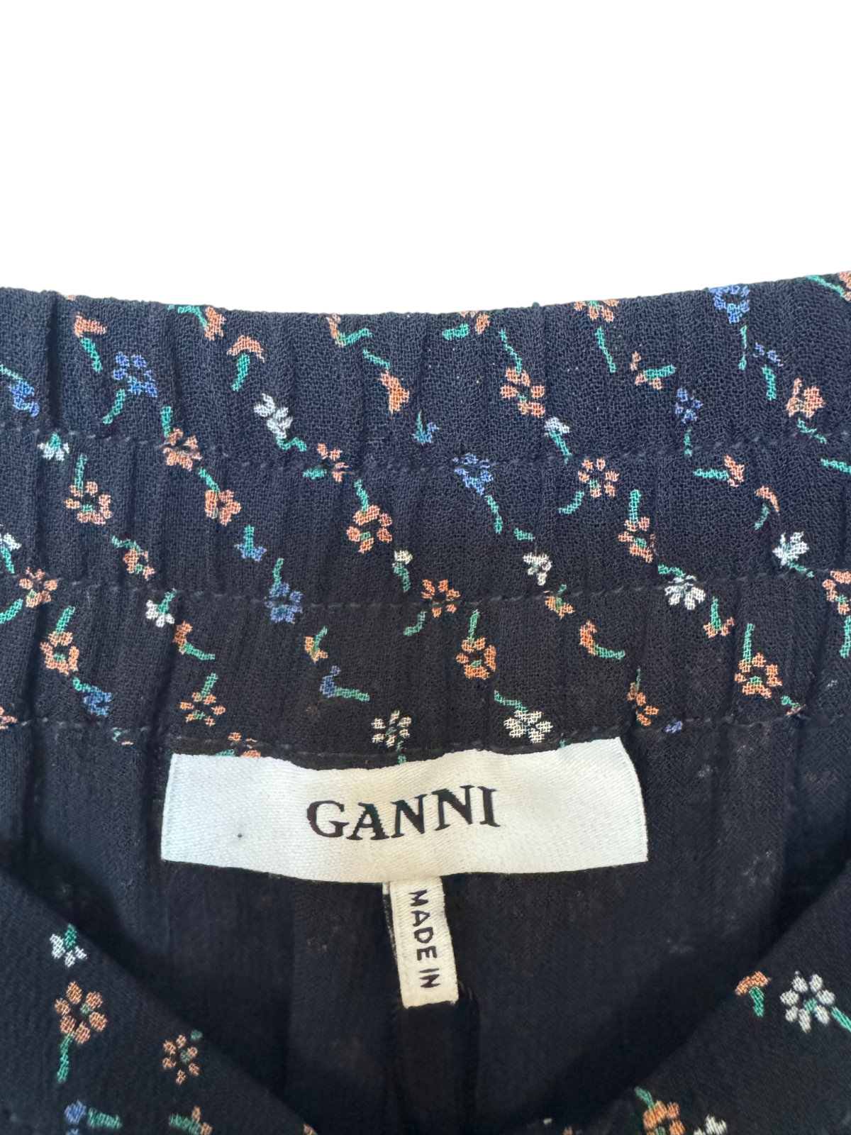 GANNI Black Floral Pants | Sz 36, Georgette, Wide Leg, High Waist, Elastic Waist